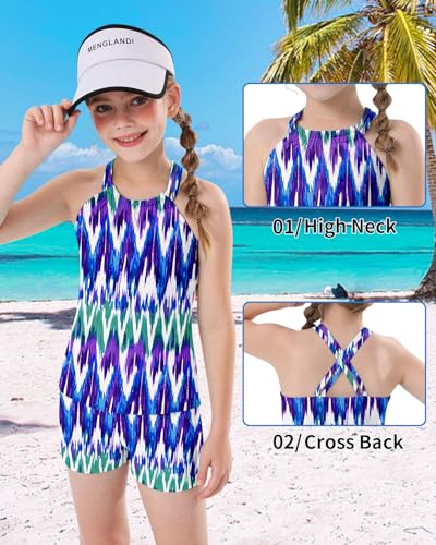 Image of Girls 2 Pieces Rash Guard Swimsuit 1 /4 Zip Long Sleeve Bathing Suit Set Kids Swimwear with Sports Shorts