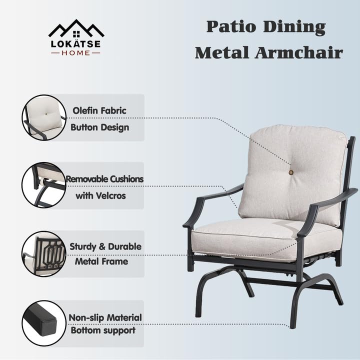 Image of LOKATSE HOME 2 Pieces Outdoor Conversation Furniture Patio Bistro Armchair Set Metal Single Dining Chairs with Cushion, Beige, 2 Chairs
