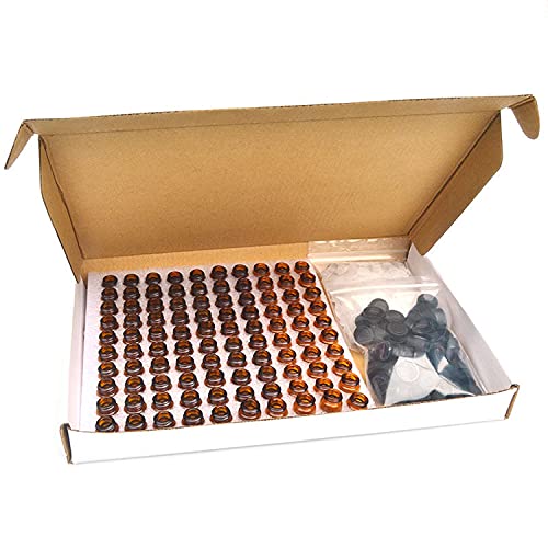 Lot de 100 mini Flacons vides rechargeables Flacons en Verre Ambré avec Bouchon pour Huiles essentielles - 2ml er pour Massage, Aromathérapie, Bouteille de Laboratoire (2ml) Cover