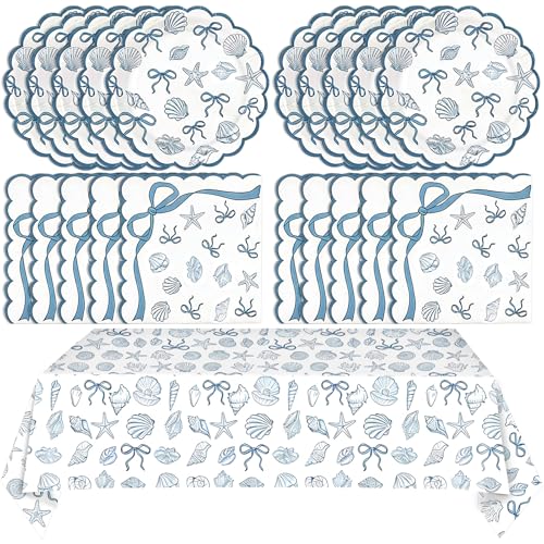 Image of 40PCS Seashell Birthday Party Decorations Blue Bow Beach Style Tableware Kit Include Starfish Coral Disposable Paper Plates and Napkins,Tablecloth Set for The Summer I Turned Pretty Party Decor