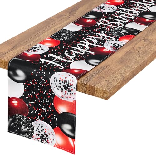 Image of Letjolt Black Red Balloon Happy Birthday Table Runner 72 Inches | Linen-Like Fabric, Celebrate Birthday Party Table Decor