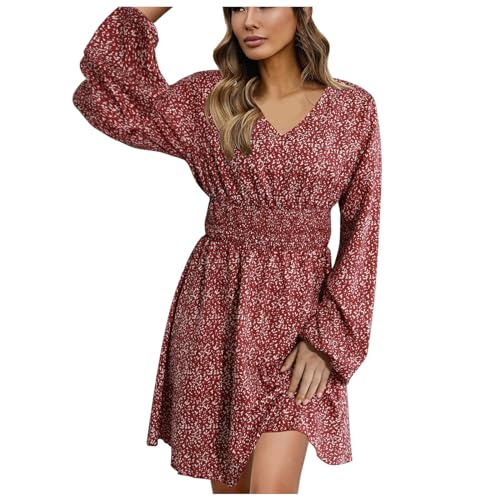 Tunikakleid Damen Lang Midikleid Damen Langarm Blümchenkleid Hohe Taille...