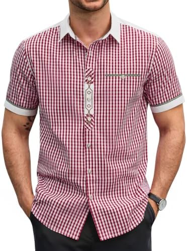 COOFANDY Trachtenhemd Herren Kurzarm Kariert | 100% Baumwolle, Oktoberfest und Wiesn Style, Atmungsaktiv und angenehm