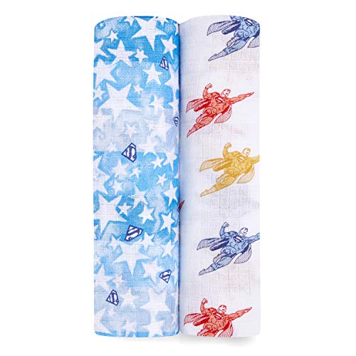 Image of aden + anais Essentials Superman Swaddle Blanket, Muslin Blankets for Girls & Boys, Baby Receiving Swaddles, Ideal Newborn Gifts and Infant Shower Items, Wearable Swaddling Set, 2 Pack, Superman
