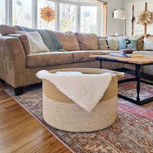 Image of INDRESSME Extra Large Woven Baskets for Storage, 21.7'' x 13.8'' Wicker Basket with Handle for Blankets, Big Laundry Baskets for Clothes, Pillows, Towel, Shoe Basket for Entryway, 90L White Jute