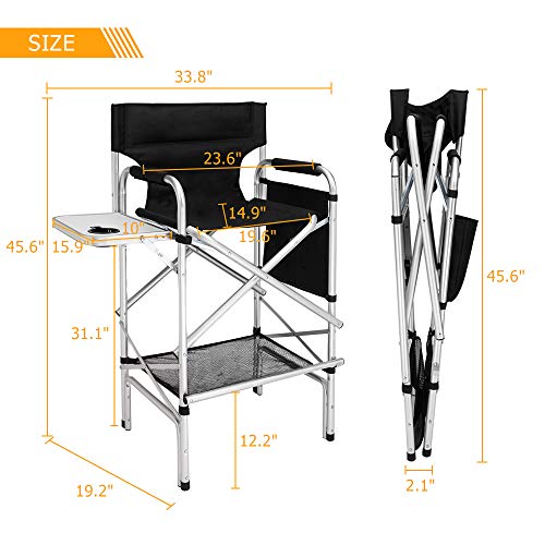 Omysalon 2 Pcs 31" Tall Upgraded Directors Makeup Artist Chair Bar Height,Olding Portable With Side Table Storage Bag Black,Aluminum Frame Supports 300 Lbs,33.8" L X 19.2" W X 45.6" H #TOP7