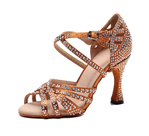 TDA Women's Comfort Cross Strap Flared Heel Brown Satin Rhinestones Social Tango Prom Wedding Praty Dance Sandals 6.5 M US