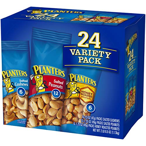 Planters Variety Packs (Salted Cashews, Salted Peanuts & Honey Roasted Peanuts), 24 Packs - Individual Bags Of On-The-Go Nut Snacks - No Cholesterol Or Trans Fats - Source Of Fiber And Healthy Fats #TOP3
