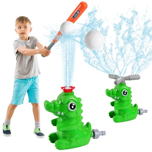 HeySplash Water Sprinkler Baseball Toy, 2 in 1 Water Spray Sprinkler Ball Set with 2 Detachable Sprinkler Heads, Outdoor Summer Toys Outside Toys for Toddlers and Kids, Green Crocodile