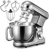 Stand Mixer Fohere, with Double Dough Hook, Wire Whip & Beater, 6+ P Speed Tilt-Head Food Mixer, Pouring Shield for Home Cooking, Dishwasher Safe Stainless Steel Bowl with Handle (Silver)