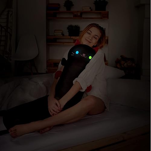 Miniatura 4 de Almohada larga de peluche Kawaii con diseño de gato negro, con luz luminosa, animales de peluche con luz nocturna, almohada que brilla en la