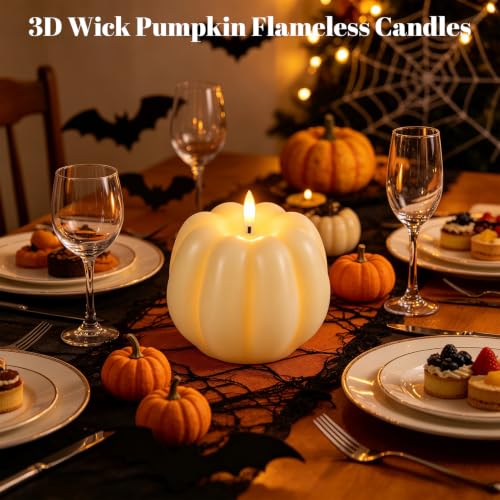 Image of Wondise Fall Decorations Real Wax Pumpkin Candles with Remote Timer | Off-white Battery Operated LED Candles Fall Decor for Thanksgiving Gifts, Autumn Farmhouse Harvest Decor for Home Decoration