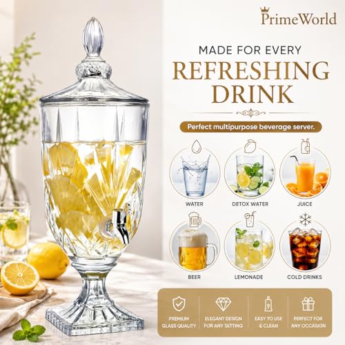 Image of PrimeWorld 1 Pc Glass Water Dispenser with tap 2 Litre Beer Dispenser Storage Mason Jar Beverage Dispenser Glass Pitcher with tap Pitcher for Detox Water, Juice Counter Table Top (Random Design)