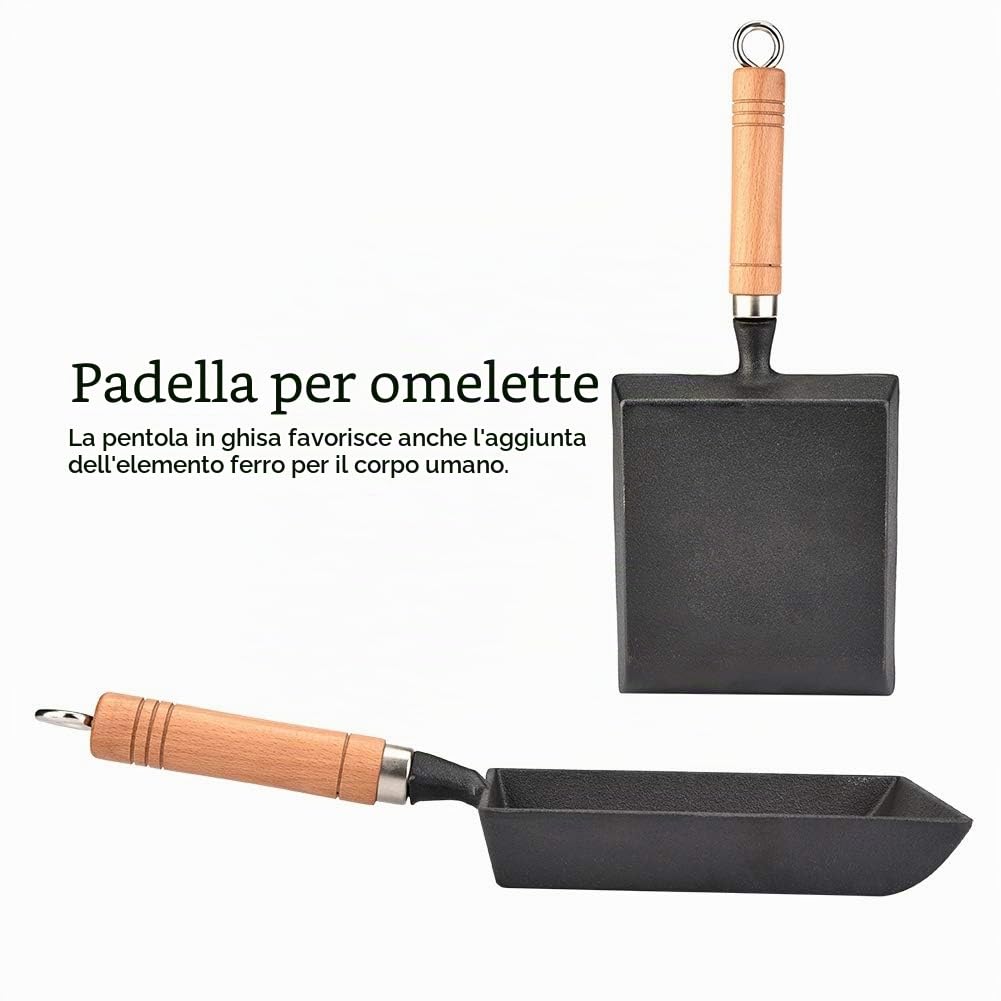 Mini giapponese Tamagoyaki frittata rotolo stufa quadrata padella rettangolare in ghisa con manico in legno ， antiaderente (37 * 15,5 cm/14,6 * 6,1 pollici)