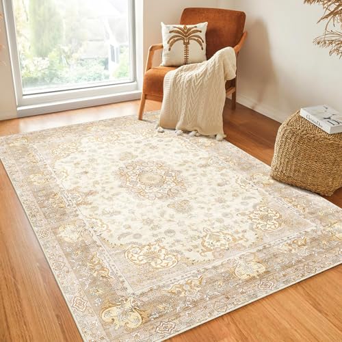 Castage Boho Rug 4'x6.5',Washable Area Rugs for Bedroom Living Room Kitchen Entryway Bedside,Small Vintage Bohemian Distressed Non Slip Carpet,Beige Gold Floral