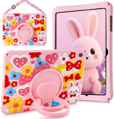 for Samsung Galaxy Tab A9+/ A9 Plus Case 11 inch 2023 with Shoulder Strap & Rotating Stand for Samsung A9+ Tablet Cases Cute Cartoon Kawaii 3D Soft Silicone Shockproof for Girls Girly Kids Pink