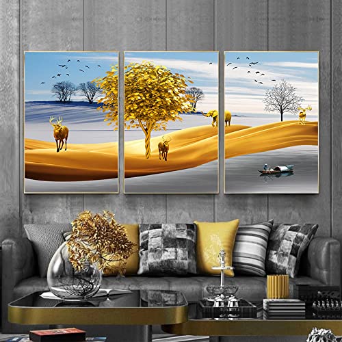 Peinture impression toile cerf éléphant doré 40x60cm triptyque