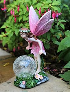 Solar Powered Fairy Garden Resin Ornament Angel Cherub with LED Light, Hand Painted Figurine Statue for Pond Porch Patio Yard Porch Decorations - 31 cm Tall