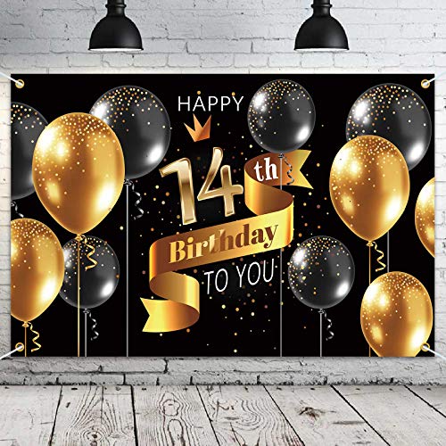 PAKBOOM Happy 14th Birthday Backdrop Banner - 14 Birthday Party Decorations Supplies for Boys - Black Gold 3.9 x 5.9ft