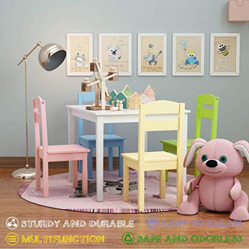 ReunionG 5-Piece Kids Table and Chairs Set, Children Wooden Activity Table and 4 Chairs, Playroom Furniture Picnic Table with Chairs (White & Pastel) - Thumbnail 4