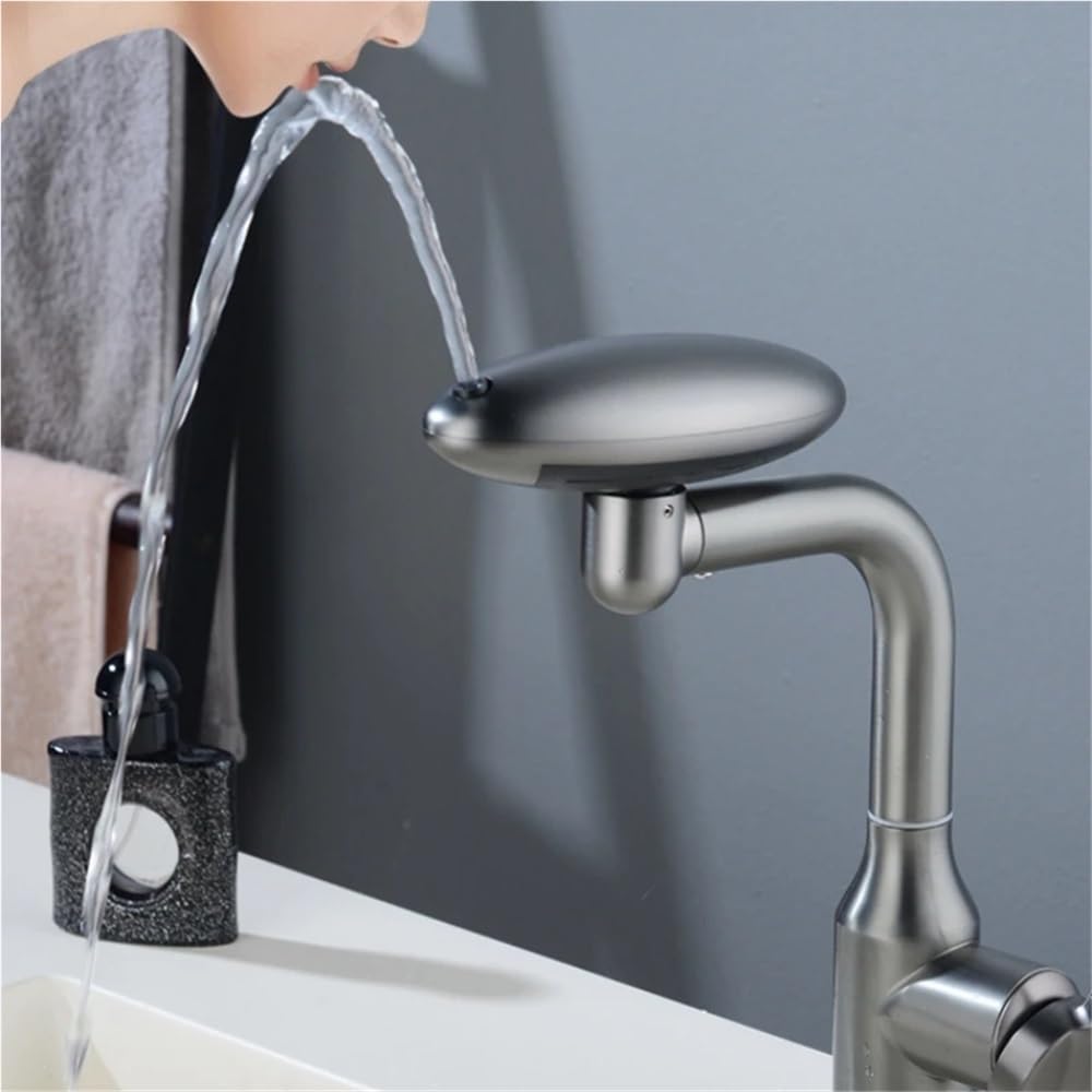QHQQXN Obrotowy kran wodospadowy 360° – 4-funkcyjny spryskiwacz strumieniowy, bateria mieszająca ciepłą i zimną wodę do zlewu w łazience – eleganckie srebrne wykończenie, wielofunkcyjna konstrukcja