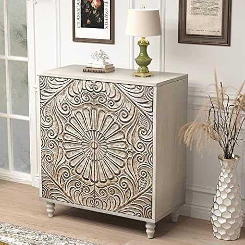 COSIEST Sideboard Storage Cabinet, Vintage MDF Accent Cabinet with Adjustable Shelf, 2 Door Buffet Server Console Cabinet for Kitchen Dining Room Living Room Hallway, Grayish Cover