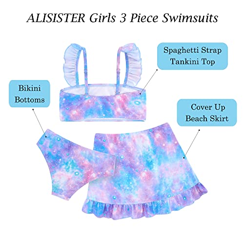 Image of ALISISTER Girls Swimsuit 3 Piece Bathing Suits Summer Bikini Tankini Sets with Cover Up Skirt for 4-12 Years