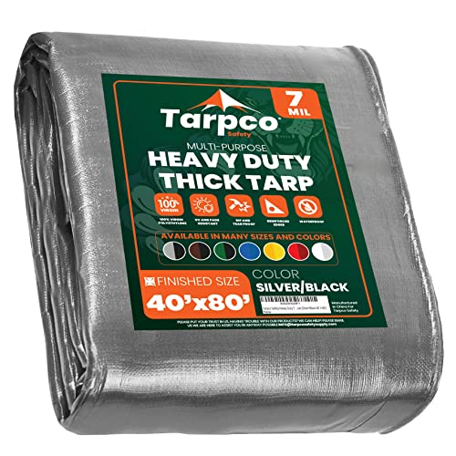 Image of Heavy Duty 7 Mil Tarp Cover, Waterproof, UV Resistant, Rip and Tear Proof, Poly Tarpaulin with Reinforced Edges for Roof, Camping, Patio, Pool Cover, Boat (Silver /Black 40′ X 80′)