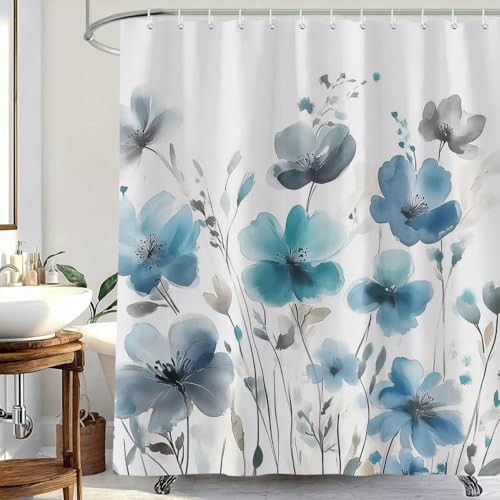 Rideau de douche floral bleu imperméable pour éviter les éclaboussures