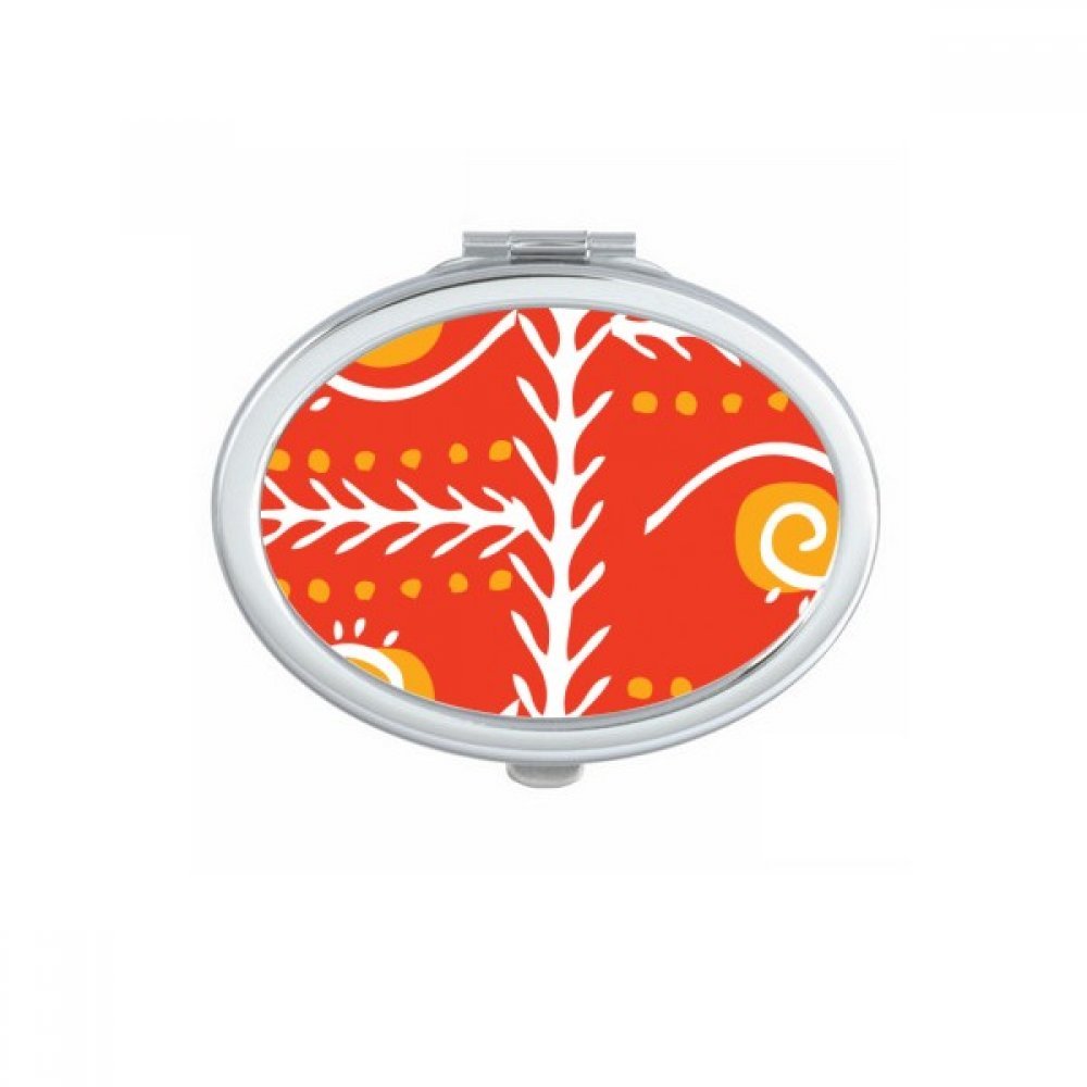 Miroir de poche portable ovale avec motif totems jaune et lignes orange pour maquillage