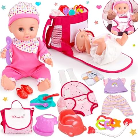 Tsomtto 12” Baby Doll Play Set Carrier Crossbody Baby Doll Diaper Bag Girl Pretend Play Toy Interactive Stuff Baby Doll Accessories for Toddlers 3-5 Realistic Babydoll Toy 2 3 4 5 Year Old Girl Gifts Cover