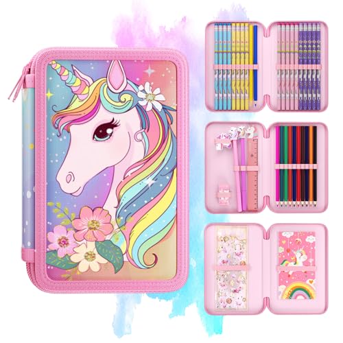 Mowtential 38 Piezas Estuche para Unicorni Niña,Estuche Escolar 3 Compartimentos,Lápices,Bolígrafos Colores,Bolígrafos Neutros,Regla,Goma borrar,Sacapuntas,Pegatinas,Cuaderno（Rosa Claro）