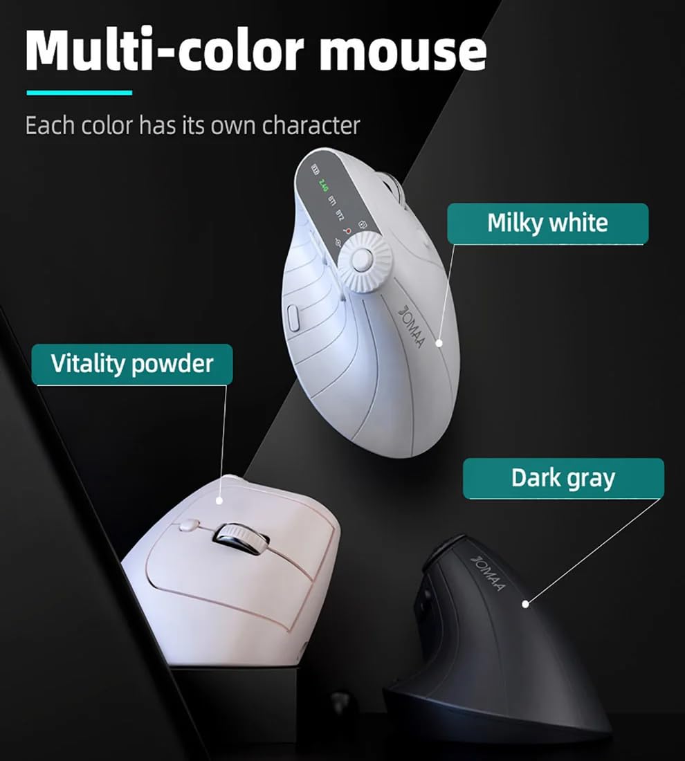 JOMAA Wireless 2.4G & Dual Bluetooth tre canali mouse verticale ergonomico DPI regolabile, giradischi multifunzione per PC, laptop, MacBook, ricaricabile (nero)