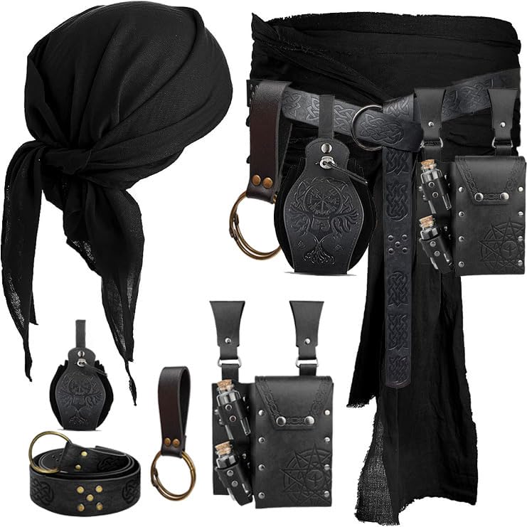 KOTORA Pirate Costume Pirate Head Scarf Bandanas Belt Waist Sash Medieval Belt Pouch Coin Purse Leather Hook Festival Sets (Phoenix-Black) — image 1