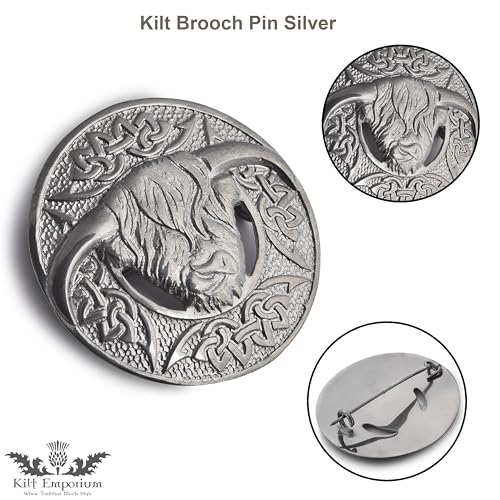 Image of Scottish Highland Cow Kilt Brooch Pin - Brass, 3-Inch (Silver Antique)