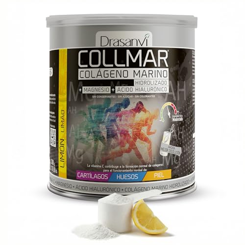 Drasanvi COLLMAR Colágeno Marino Hidrolizado con Ácido Hialurónico, Magnesio, Vitamina C | para Cartílagos, Huesos y Piel |Alta Dosis 9.717 mg/dia |300g de Polvo=28 Días | Sabor Limón