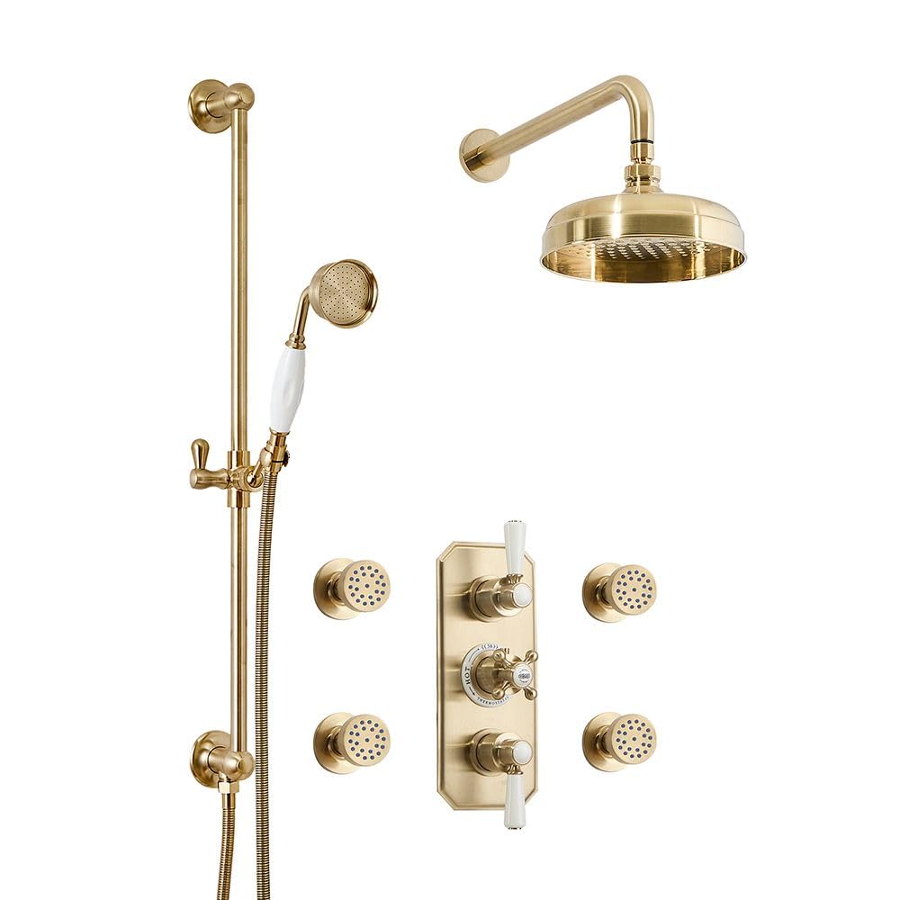 Milano Brushed Brass Elizabeth Thermostatic Mixer Valve 205Mm Shower Head Riser Rail Body Jets - Brass