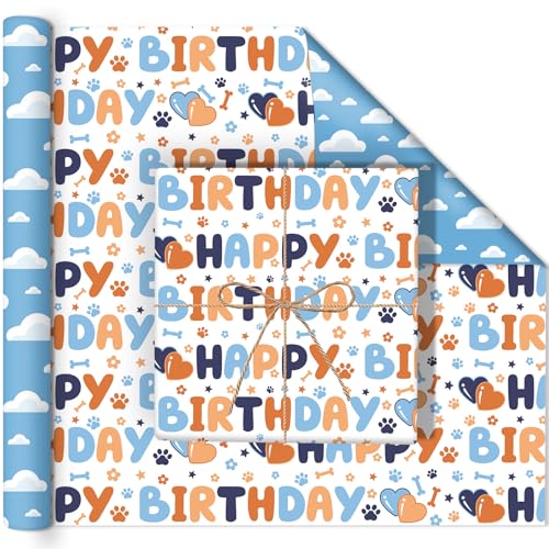 Reversible Happy Birthday Wrapping Paper - 8 Sheets | Blue & Orange Dog Paw Design + Sky-White Clouds Pattern Gift Wrap Paper for Kids Birthdays Baby Showers & Holiday Greetings 19.7 x 27.6