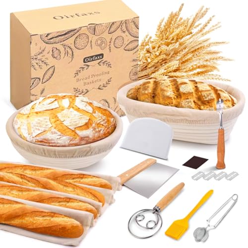 Banneton Bread Proofing Basket Set, Oirfaxs 10 Inch Oval & 10 Inch Round Sourdough Bread Baking Supplies Proofing Basket with Bread Lame,Danish Dough Whisk,Bowl& Dough Scrapers, Complete Baking Gifts