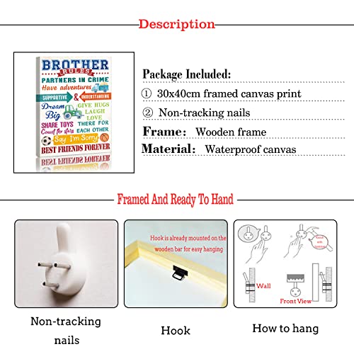 Kairne Brother Rules Wall Art,Boys Playroom Sign Prints,Truck Poster Inspirational Kids Room Decor(12X16Inch,Framed) Basketball Football Picture Brother Sign Construction Decor For Boys Room Nursery #TOP5