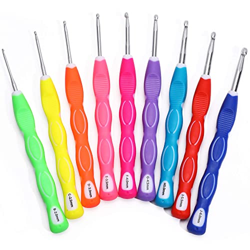 Ganchillo Ergonomico,Agujas Crochet,Agujas Ergonomicos,Agujas Kit de Ganchillo con 9 Piezas,Ganchillo de Aluminio Tpr con Agarre Suave de Dos Tonos, Regalo de Ganchillo para Principiantes Adulto Cover