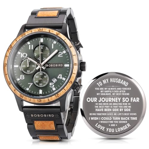 2win Engraved Wooden Husband's Green Dial Watch