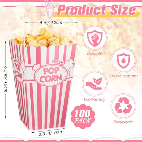 Image of Xinnun 100 Pcs Popcorn Boxes 32oz Classic Stripe Paper Buckets Disposable Oil Proof Popcorn Container Retro Open Top Box for Movie Night Supplies Theaters Carnival Birthday Party(Pink and White)