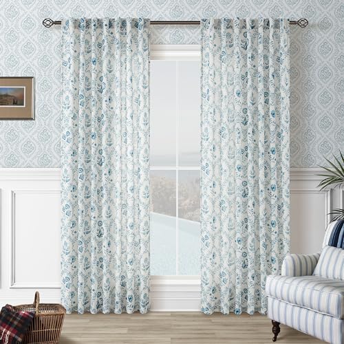Image of Blue Floral Curtains 90 Inch Length Back Tab for Living Room 2 Panels Set | Light Filtering, Linen Curtains, Blue Flower, Plant Pattern, Print on White, Aesthetic, Coastal Style, Vintage, Cottagecore