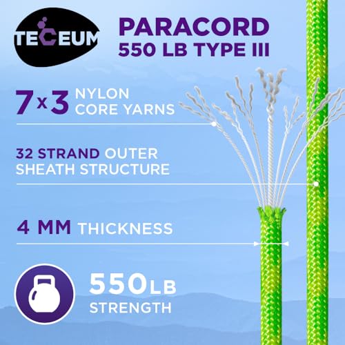 Image of TECEUM Reflective Paracord Rope 1000 - 1000ft /200ft /100ft /50ft - 40+ Colors - Glow in the Dark - para Cord - Utility Rope for Survival, Hunting & Camping Gear - Nylon String, Camping Rope, Tent Cord