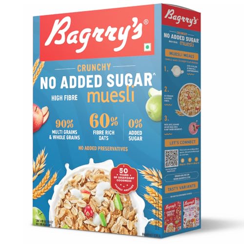 Image of Bagrry's No Added Sugar Muesli 500g | 0% Added Sugar | 90% Whole Grains | High Fibre & Protein | Plant-Based Breakfast Cereal | No Nuts, No Corn Flakes | Ideal for Diabetics & Weight Management | No Preservatives