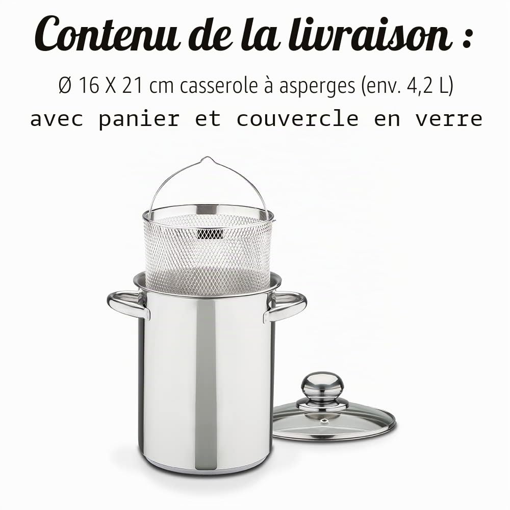 GSW 643160 à Asperges avec bac et Couvercle en Verre en Acier Inoxydable, Argent, 16 cm, 2 unités