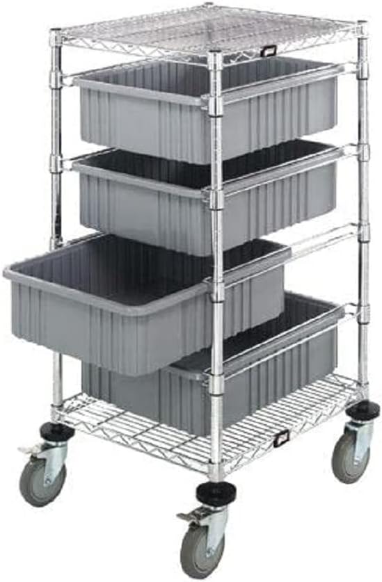 Quantum Storage Systems BC212434M1GY Wire Bin Cart with 4 DG93060 Gray Bins, Chrome Finish, 45" Height x 24" Width x 21" Depth