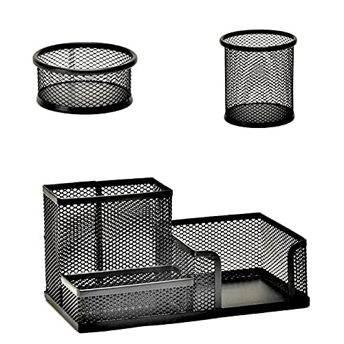 abandon Mesh Wire Desk Organizer Set Desk Accessories,3 compartments +Pen Holder Pencil Holders + Small Items Storage Box, Office Supplies Accessory for Desktop (Black Metal), JJY0819