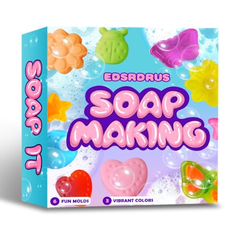 EDSRDRUS Beginner Soap Making Kit for Kids - Science STEM Activity with Glycerin Soap Base 6-Hole Silicone Molds Colorants Essential Oil - Fun Easy Creative DIY Craft Kits